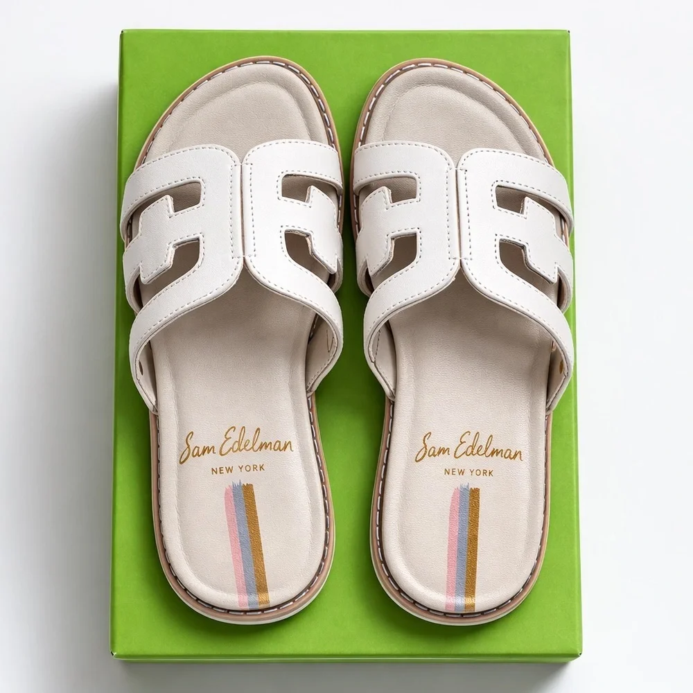 Edelman Valeri Mini Ivory Leather Slide Sandals Girls 12M NIB